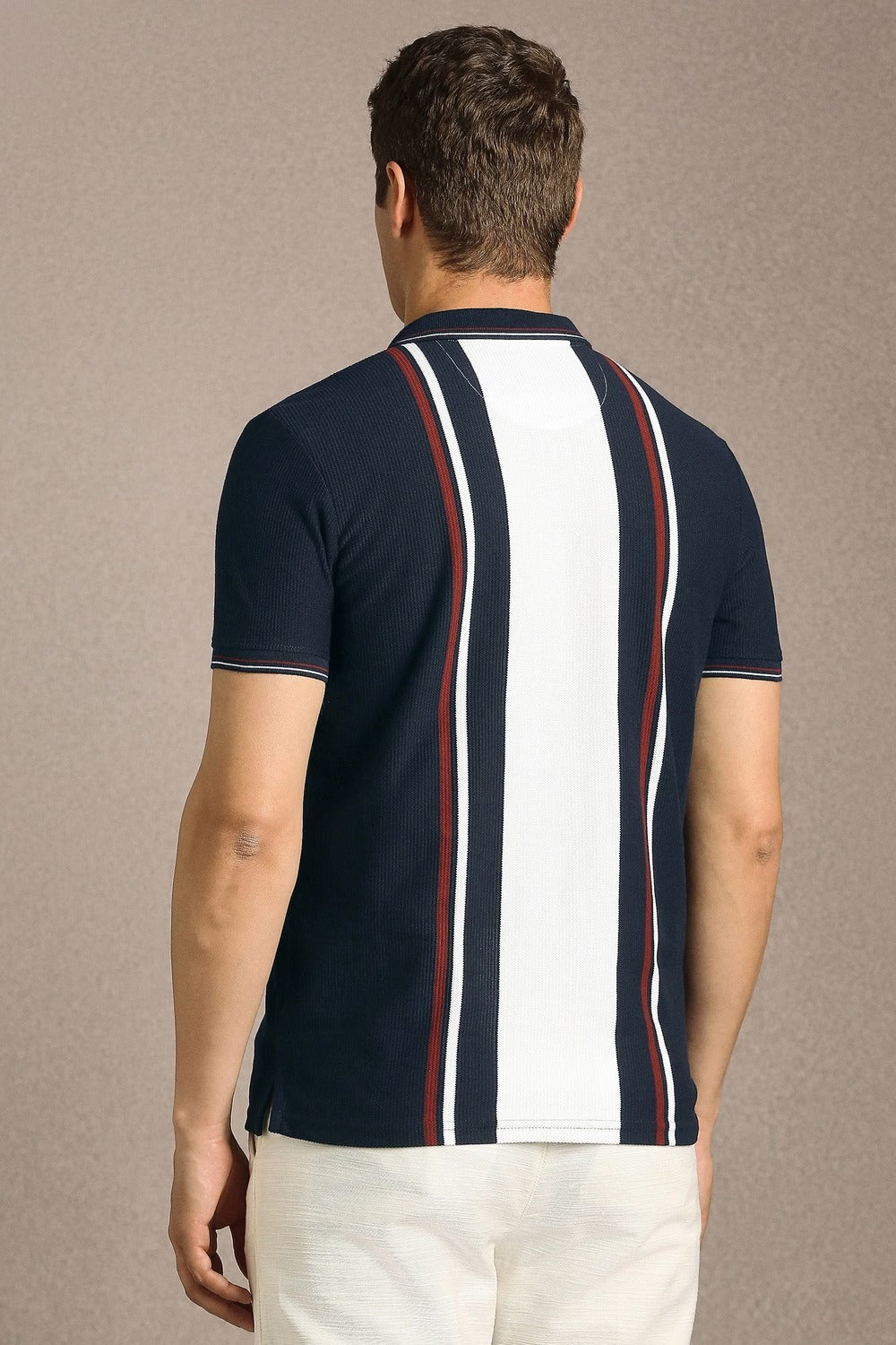 Clothex Premium Navy Blue & White Vertical Striped Textured Polo T-Shirt for Men | Luxury Cotton Blend Half Sleeve Collared Knit Polo | Smart Casual Regular Fit Summer Fashion Tee