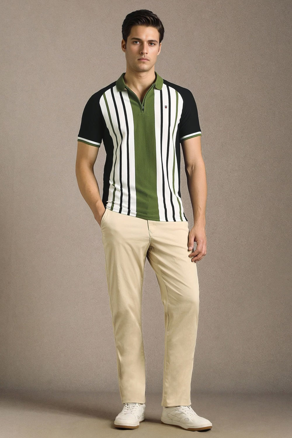 Clothex Premium Olive Green & Black Vertical Striped Textured Polo T-Shirt for Men | Luxury Cotton Blend Half Sleeve Zip Collar Knit Polo | Smart Casual Regular Fit Summer Fashion Tee