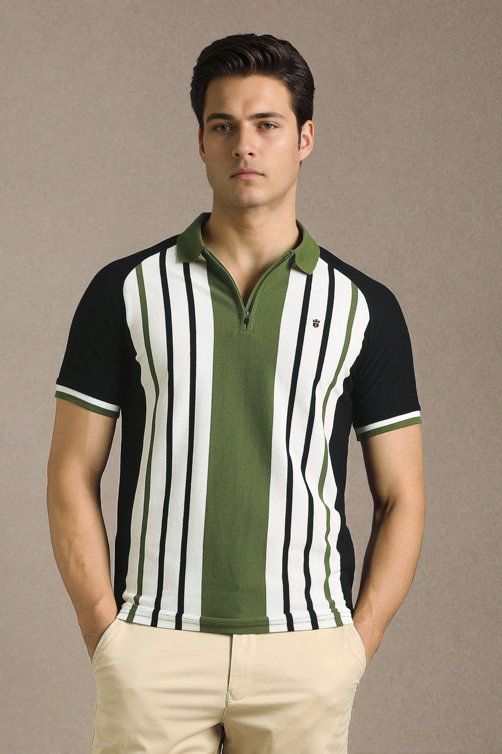Clothex Premium Olive Green & Black Vertical Striped Textured Polo T-Shirt for Men | Luxury Cotton Blend Half Sleeve Zip Collar Knit Polo | Smart Casual Regular Fit Summer Fashion Tee