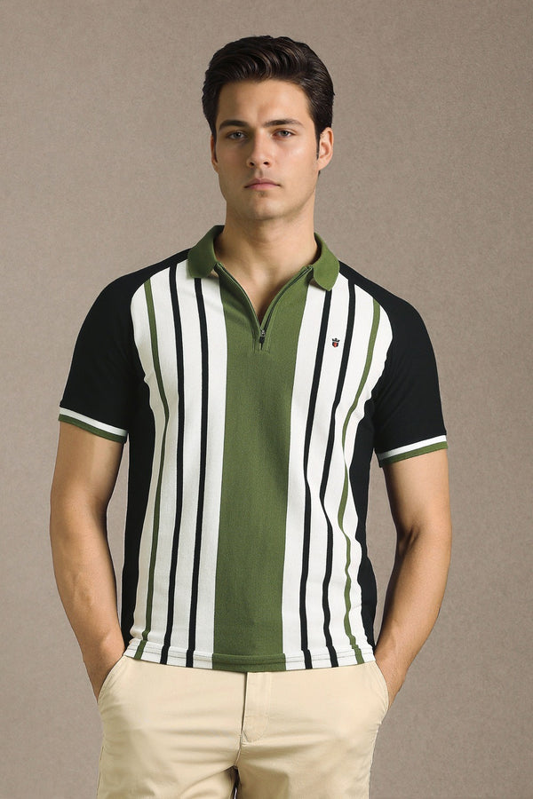 Clothex Premium Olive Green & Black Vertical Striped Textured Polo T-Shirt for Men | Luxury Cotton Blend Half Sleeve Zip Collar Knit Polo | Smart Casual Regular Fit Summer Fashion Tee