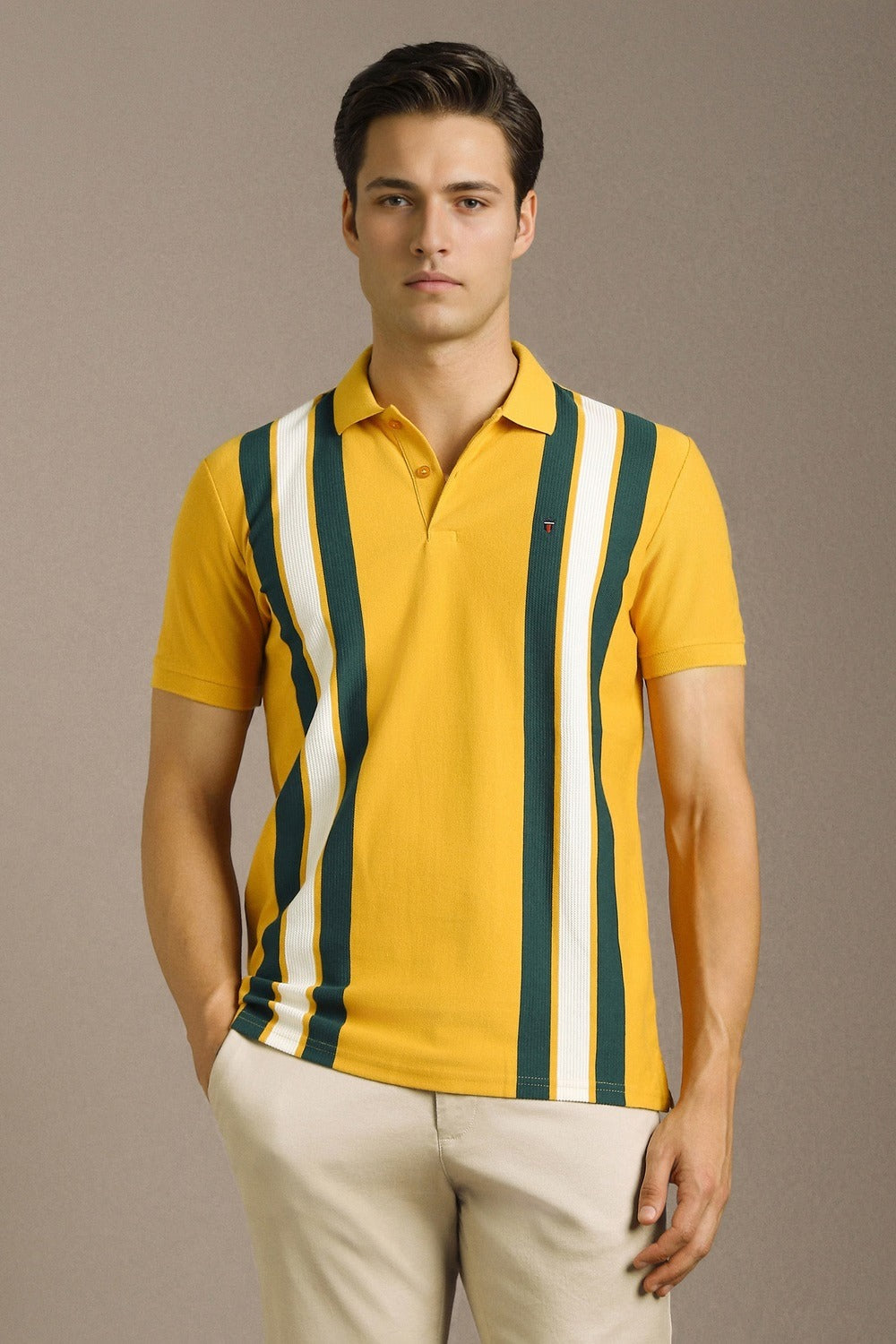 Clothex Premium Mustard Yellow Vertical Striped Textured Polo T-Shirt for Men | Luxury Cotton Blend Half Sleeve Collared Knit Polo | Smart Casual Regular Fit Summer Fashion Tee