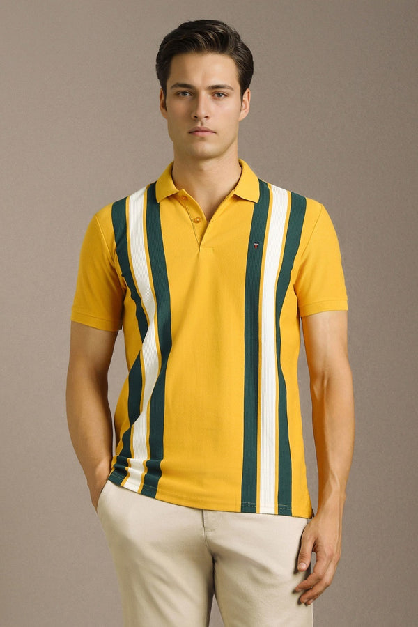 Clothex Premium Mustard Yellow Vertical Striped Textured Polo T-Shirt for Men | Luxury Cotton Blend Half Sleeve Collared Knit Polo | Smart Casual Regular Fit Summer Fashion Tee