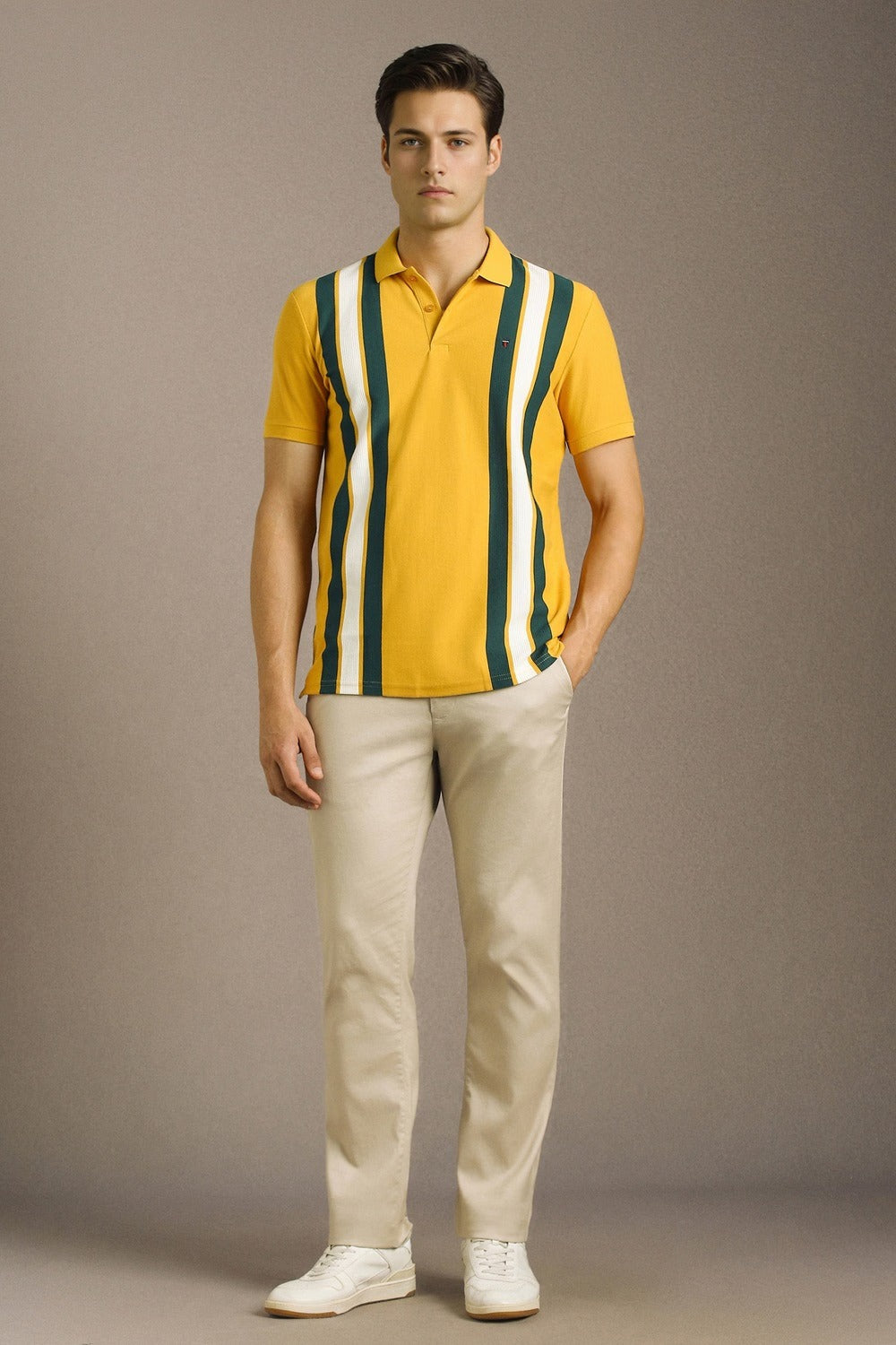 Clothex Premium Mustard Yellow Vertical Striped Textured Polo T-Shirt for Men | Luxury Cotton Blend Half Sleeve Collared Knit Polo | Smart Casual Regular Fit Summer Fashion Tee