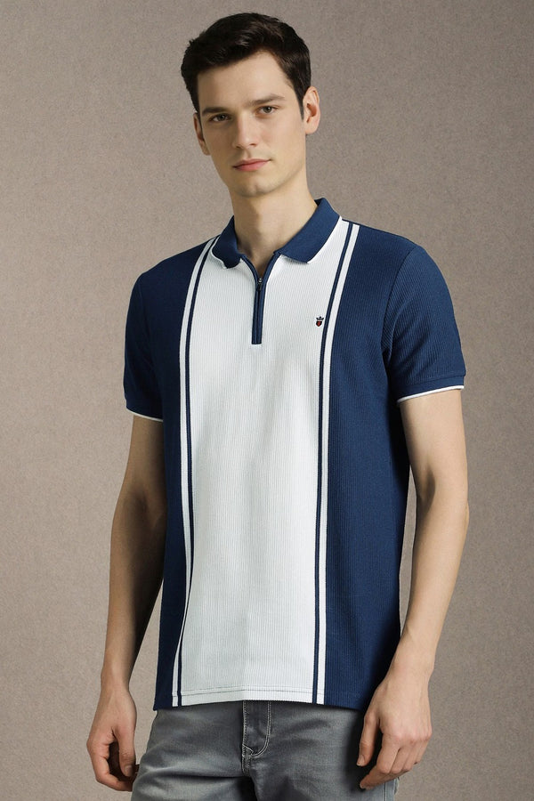 Clothex Premium Navy Blue & White Textured Zip Polo T-Shirt for Men | Luxury Cotton Blend Half Sleeve Collared Knit Polo | Smart Casual Regular Fit Summer Fashion Tee