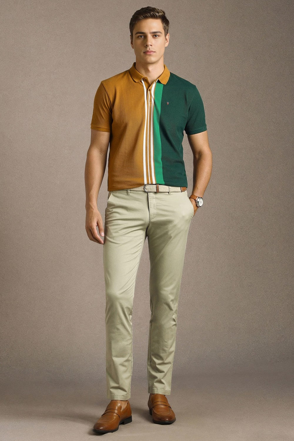 Clothex Premium Dual Tone Brown & Forest Green Color Block Textured Polo T-Shirt for Men | Luxury Cotton Blend Half Sleeve Collared Knit Polo | Smart Casual Regular Fit Summer Fashion Tee