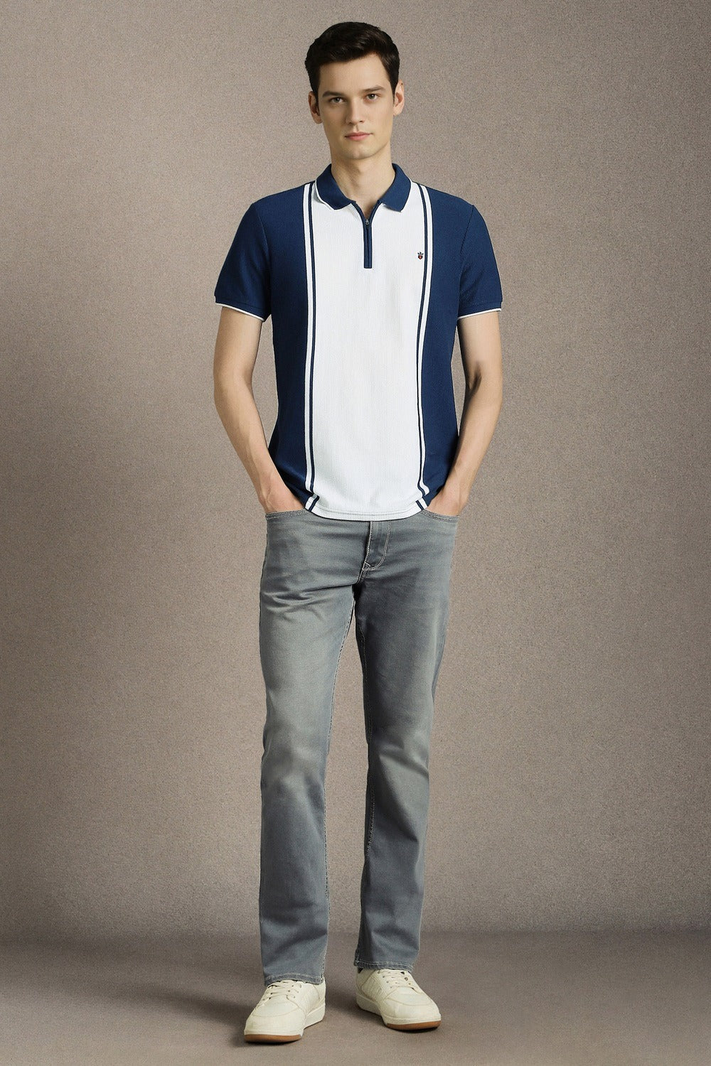 Clothex Premium Navy Blue & White Textured Zip Polo T-Shirt for Men | Luxury Cotton Blend Half Sleeve Collared Knit Polo | Smart Casual Regular Fit Summer Fashion Tee