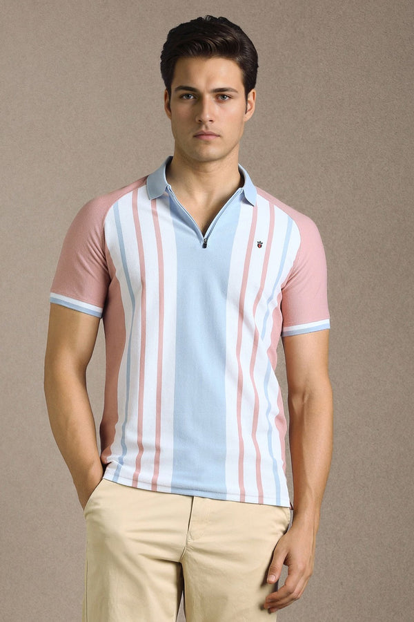 Clothex Premium Pastel Blue & Pink Vertical Striped Textured Polo T-Shirt for Men | Luxury Cotton Blend Half Sleeve Zip Collar Knit Polo | Smart Casual Regular Fit Summer Fashion Tee