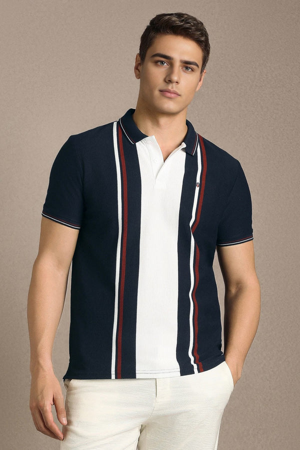 Clothex Premium Navy Blue & White Vertical Striped Textured Polo T-Shirt for Men | Luxury Cotton Blend Half Sleeve Collared Knit Polo | Smart Casual Regular Fit Summer Fashion Tee