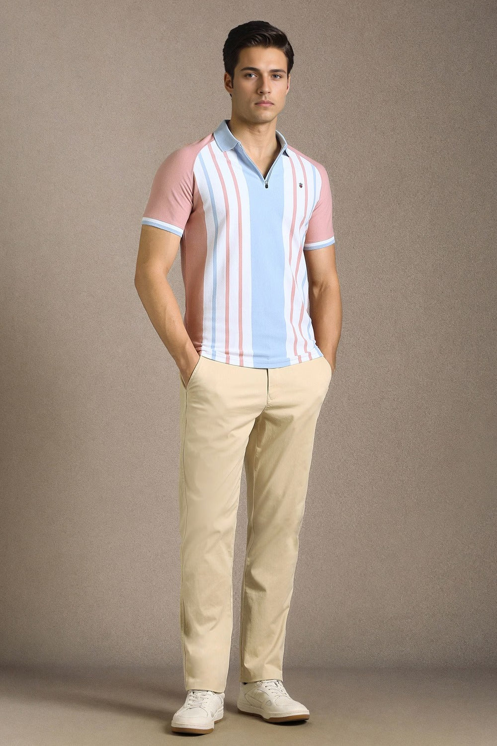 Clothex Premium Pastel Blue & Pink Vertical Striped Textured Polo T-Shirt for Men | Luxury Cotton Blend Half Sleeve Zip Collar Knit Polo | Smart Casual Regular Fit Summer Fashion Tee