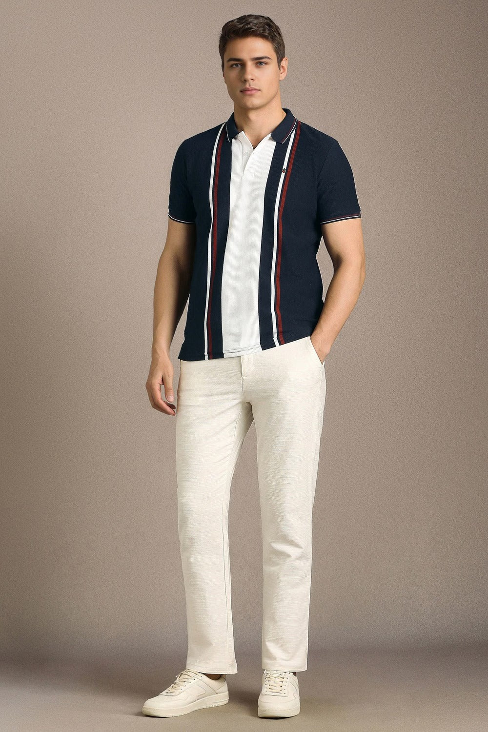 Clothex Premium Navy Blue & White Vertical Striped Textured Polo T-Shirt for Men | Luxury Cotton Blend Half Sleeve Collared Knit Polo | Smart Casual Regular Fit Summer Fashion Tee
