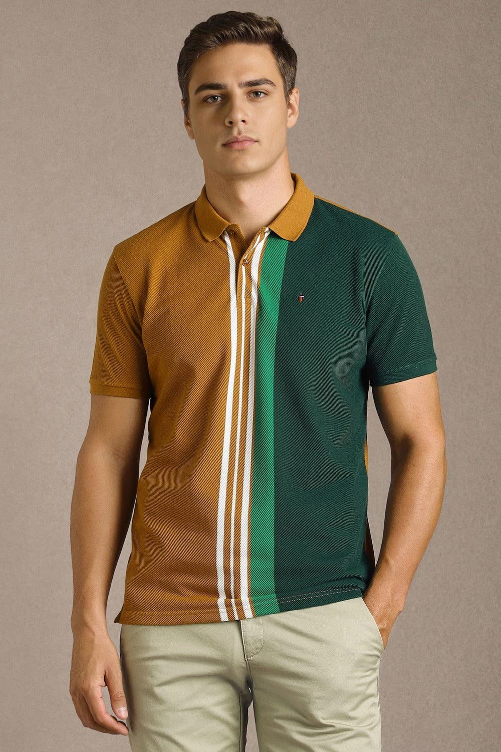 Clothex Premium Dual Tone Brown & Forest Green Color Block Textured Polo T-Shirt for Men | Luxury Cotton Blend Half Sleeve Collared Knit Polo | Smart Casual Regular Fit Summer Fashion Tee