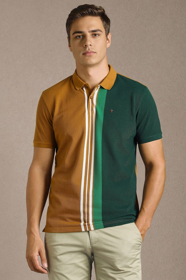 Clothex Premium Dual Tone Brown & Forest Green Color Block Textured Polo T-Shirt for Men | Luxury Cotton Blend Half Sleeve Collared Knit Polo | Smart Casual Regular Fit Summer Fashion Tee