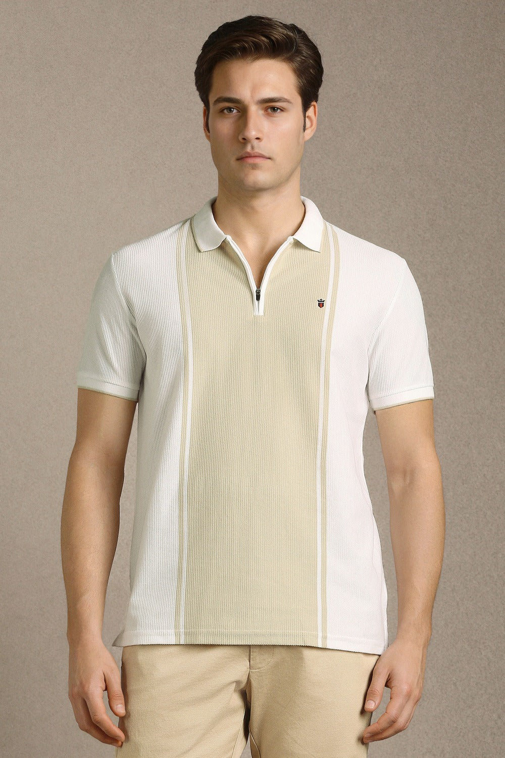 Clothex Premium Off White Textured Zip Polo T-Shirt for Men | Luxury Cotton Blend Half Sleeve Collared Knit Polo | Smart Casual Regular Fit Summer Fashion Tee