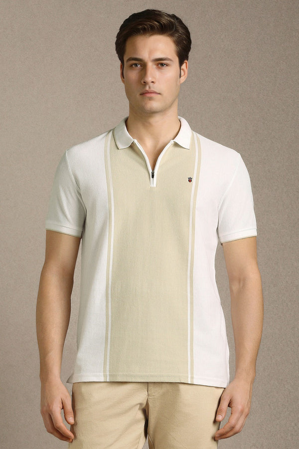 Clothex Premium Off White Textured Zip Polo T-Shirt for Men | Luxury Cotton Blend Half Sleeve Collared Knit Polo | Smart Casual Regular Fit Summer Fashion Tee