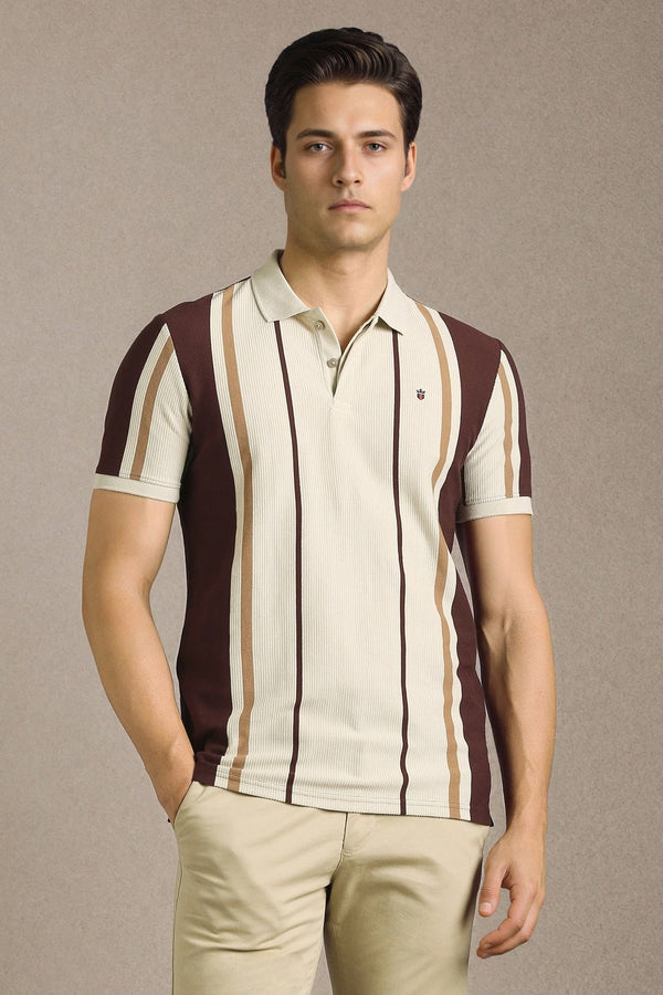 Clothex Premium Vertical Striped Textured Polo T-Shirt for Men | Classic Casual Half Sleeve Collared Knit Polo | Soft Breathable Cotton Blend | Smart Fit Summer Fashion Tee