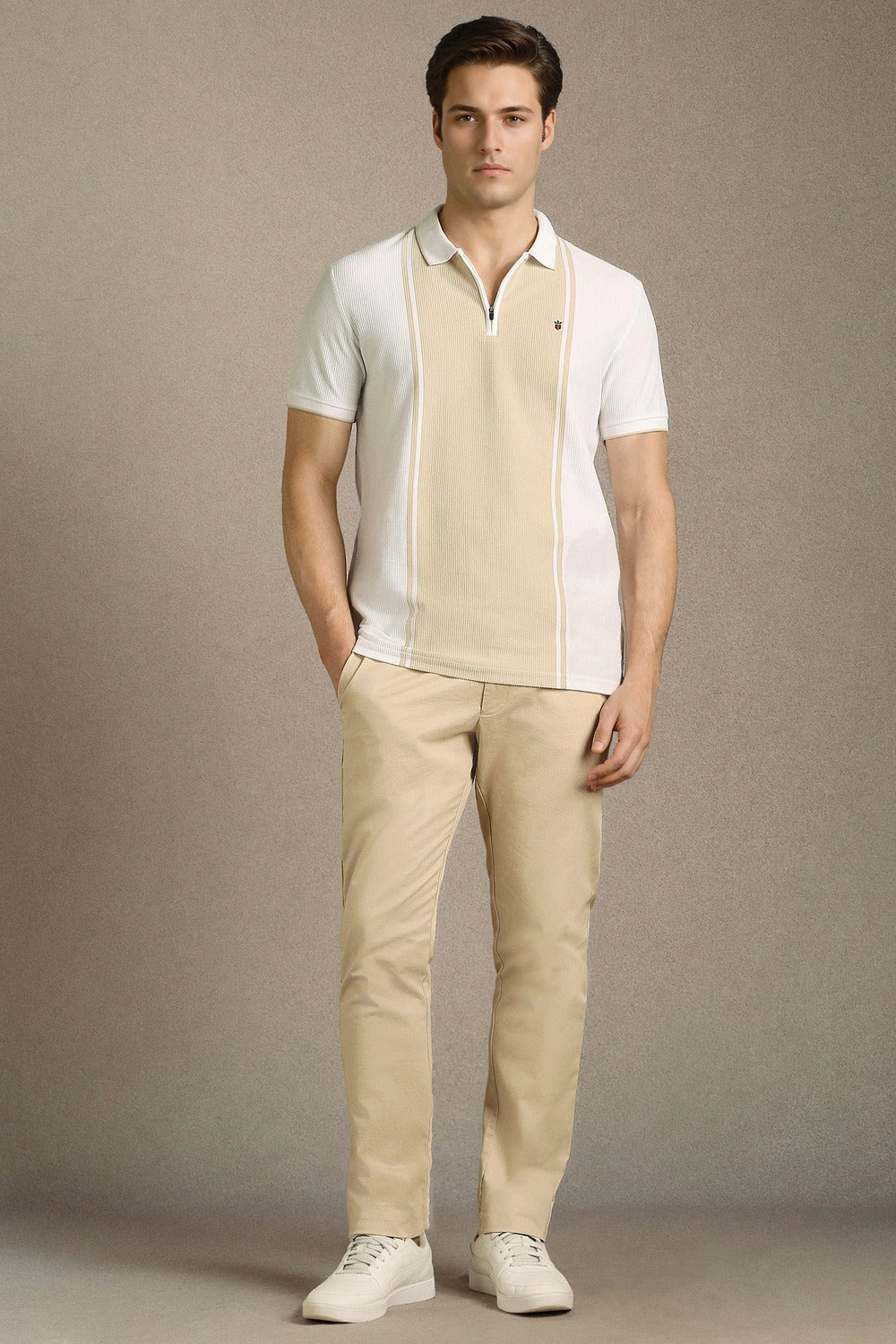 Clothex Premium Off White Textured Zip Polo T-Shirt for Men | Luxury Cotton Blend Half Sleeve Collared Knit Polo | Smart Casual Regular Fit Summer Fashion Tee
